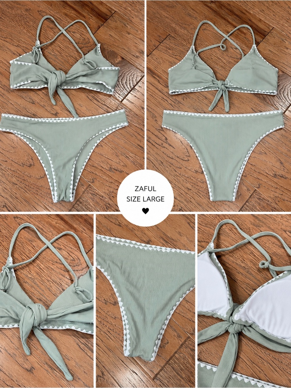 Zaful Sage Green Ribbed Tie-Front Bikini Set with White Trim